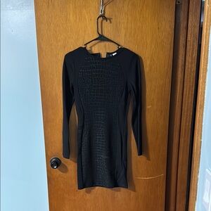 Divided Black Ribbed Sheath Dress with Long Sleeves for Cocktail